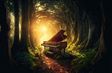 hyper-realistic image of a forest with a piano in the sunlight