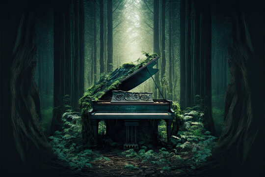 green grass-covered piano in a forest, with sunlight and realistic greenery
