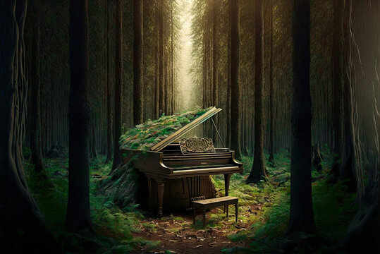 green forest with a piano in the sunlight