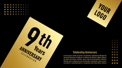Obraz premium 9th Anniversary Celebration template design with gold color for anniversary celebration event, invitation card, greeting card, banner, poster, flyer, book cover. Vector Template