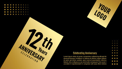 12th Anniversary Celebration template design with gold color for anniversary celebration event, invitation card, greeting card, banner, poster, flyer, book cover. Vector Template