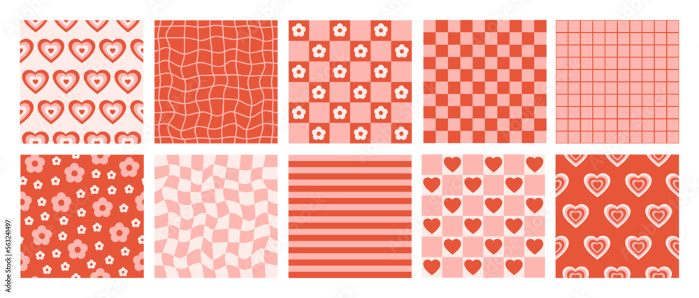 Aufkleber groovy set romantic seamless patterns in retro style 60s, 70s. trendy vector background. red and pin