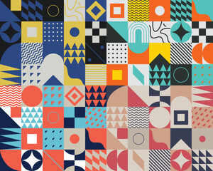 Obraz premium Bauhaus geometric pattern background, vector circle, triangle and square lines color art design. Color Bauhaus pattern background