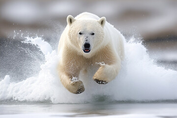 White polar bear runs into the camera on the water. Generative AI - obrazy, fototapety, plakaty