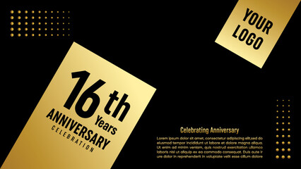 16th Anniversary Celebration template design with gold color for anniversary celebration event, invitation card, greeting card, banner, poster, flyer, book cover. Vector Template