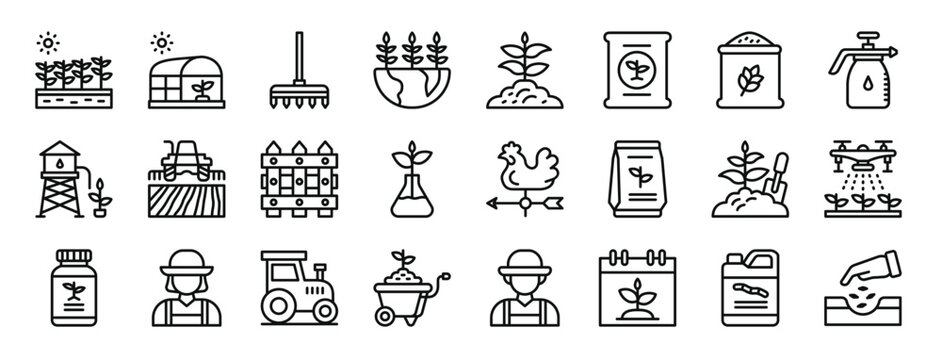 set of 24 outline web agriculture icons such as grow plant, greenhouse, garden fork, farm, plant, fertilizer, rice vector icons for report, presentation, diagram, web design, mobile app