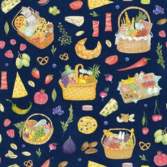 Seamless pattern with picnic baskets, food and drinks