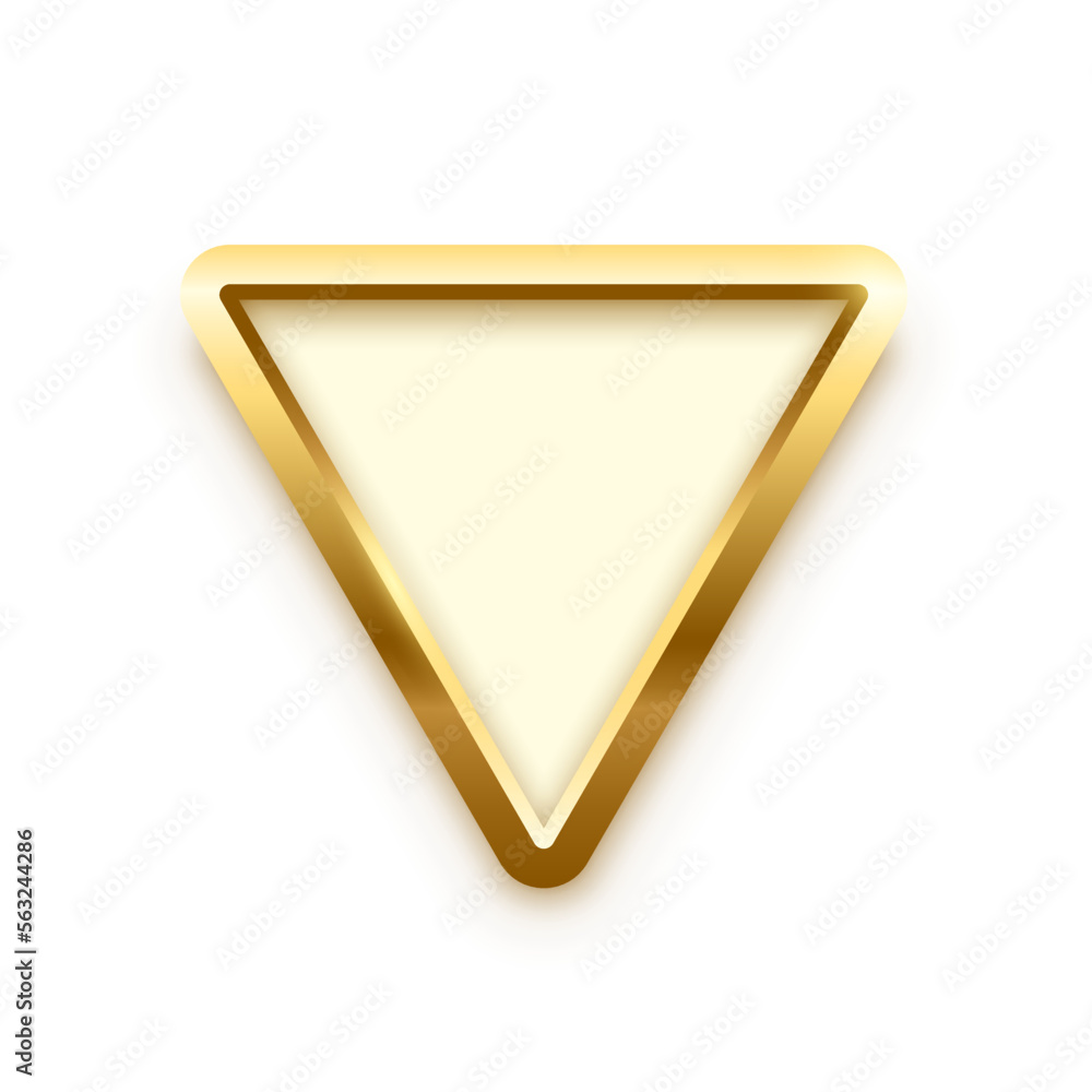 Poster white button in triangle gold frame vector illustration. 3d realistic shiny metal golden object on p