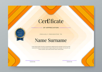 Fototapeta na wymiar Modern elegant certificate template with orange color gradient. Certificate of achievement template with badge and border. Business award design template