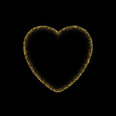 Heart gold frame made of glitters with bright glow light effect vector illustration. Abstract golden border from luxury metal dust for swirl portal, decorative royal award on black background