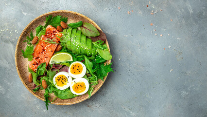 Keto bowl salmon salad with greens, eggs and avocado. Ketogenic diet breakfast lunch. Long banner format. top view