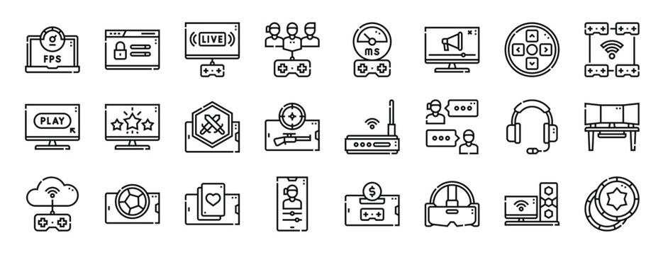 set of 24 outline web online game icons such as fps, login, live streaming, teamwork, latency, ads, controller vector icons for report, presentation, diagram, web design, mobile app
