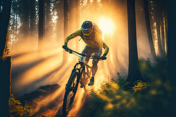 Fototapeta na wymiar Generative AI illustration of a mountain bike cyclist going through the forest at sunset with the sun rays behind him