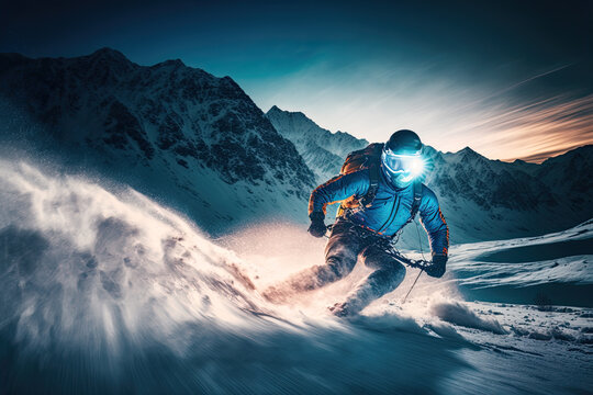 Generative AI illustration of a high mountain ee skier going down a snowy hill at night with a dramatic alpine landscape around