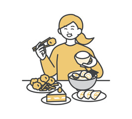 暴飲暴食する女性のイラスト素材