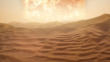 Fototapeta na wymiar Sun over desert sand dune planet surface with extreme hostile arid heat. Concept 3D illustration of Earth facing extinction by a red giant solar supernova. Fictional burnt dry hot drought alien world.