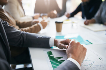 Meeting, hands and business man with data, chart or infographic of financial investment development. Communication, teamwork collaboration and corporate team discussion over stock market analytics