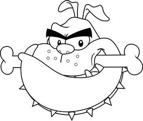 Outlined Bulldog Face Cartoon Character With Bone. Vector Hand Drawn Illustration Isolated On Transparent Background