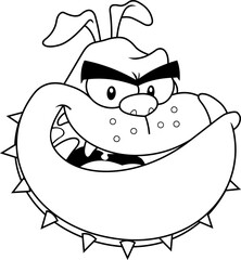Outlined Smiling Bulldog Face Cartoon Character With Spiked Collar. Vector Hand Drawn Illustration Isolated On Transparent Background