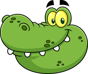 Smiling Crocodile  Face Cartoon Character. Vector Hand Drawn Illustration Isolated On Transparent Background
