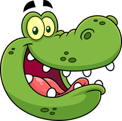 Happy Crocodile  Face Cartoon Character. Vector Hand Drawn Illustration Isolated On Transparent Background