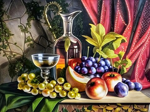 Still life with grapes and wine. Beautiful art paintings of fruit and wine on the table to the background of the red cloth.