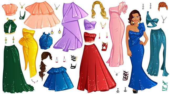 Movie Star Paper Doll with Beautiful Lady, Outfits, Hairstyles and Accessories. Vector Illustration