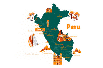 Vector map of Peru. Attraction. Historical places. Tourism. Cities. Guide. South America. Andean Mountains. Cordillera. Lima. Machu Picchu. Sacred Valley of the Incas. Titicaca. Amazonia. Nazca.