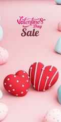 Valentines Day Sale Standee Banner or Template Design With 3D Render Heart Shapes Decorated On Pink Background.