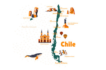 Vector map of Chile. Easter Island. Atacama. Magdalena Island. La Portada. Chiloé Churches. Sights. Historical places. Tourism. Cities. Guide. Latin America. Mountains. For travel.