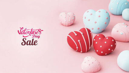 Fototapeta na wymiar Valentines Day Sale Banner or Hero Image With 3D Render, Heart Shapes Decorated On Pink Background.