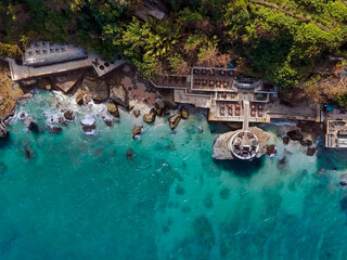 Aerial view of cafe at ocean coastline