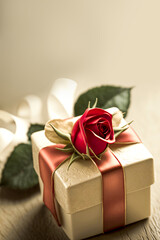 Realistic Gift Box With Red Rose. 3D Render, Love or Happy Valentine's Day Concept.