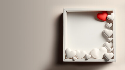 3D Render, White And Red Hearts Inside Square Frame With Image Placeholder.