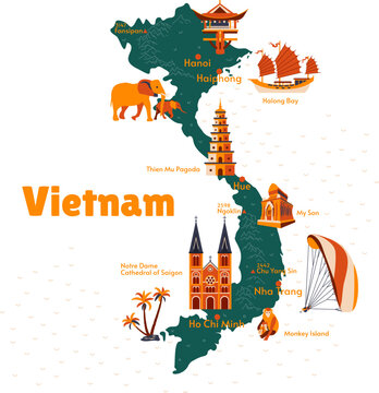 Vector map of Vietnam. Sights. Attraction. Historical places. Tourism. Cities. Guide. Asia. Mountains. Ho Chi Minh City. Saigon. Nha Trang. Hanoi. My Son. Halong Bay. Vacation on the beach.