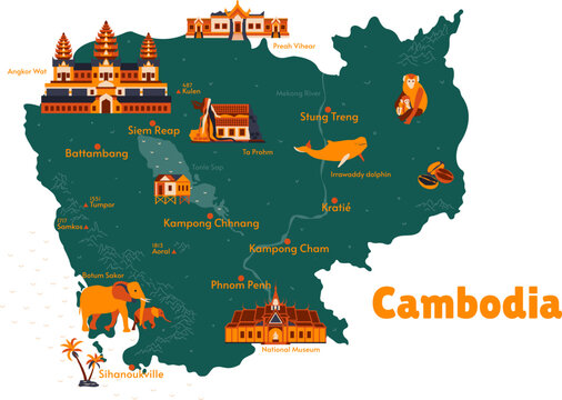 Vector map of Cambodia. Sights. Attraction. Historical places. Tourism. Cities. Guide. Asia. Mountains. Angkor Wat. Ta Prohm. Preah Vihear. Irrawaddy dolphin. Phnom Penh. Siem Reap. Mekong.