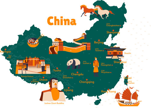 Vector map of China. Sights. Historical places. Tourism. Cities. Guide. Asia. Mountains. Everest. Himalayas. Tibet. Hong Kong. Beijing. Lushan. Leshan Giant Buddha. Potala Palace. Great Wall of China.