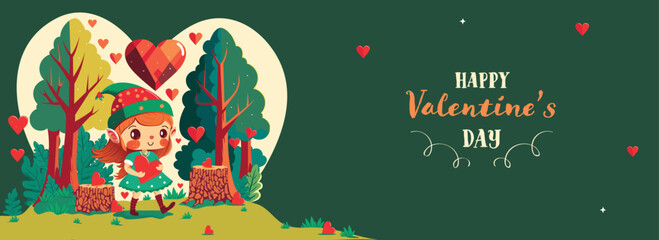 Happy Valentine's Day Banner Or Header Design With Cute Girl Character Walking And Heart Shapes On Natural Green Background.