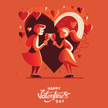Vector Illustration of Romantic Young Couple Clinking Drink Glasses On Orange Heart Shapes Background For Happy Valentine's Day Concept.