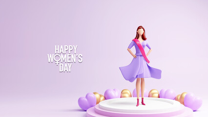 Happy Women's Day Concept With 3D Render, Winner Modern Young Girl Standing On Stage.