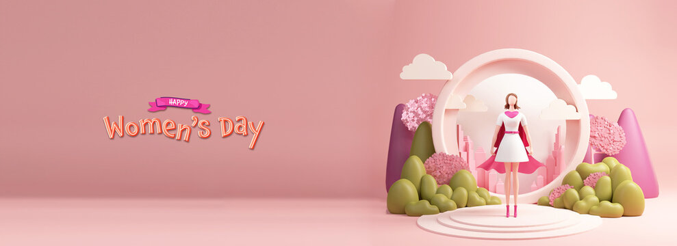 Happy Women's Day Concept With 3D Render, Superwoman Character Standing On Stage And Nature Landscape.
