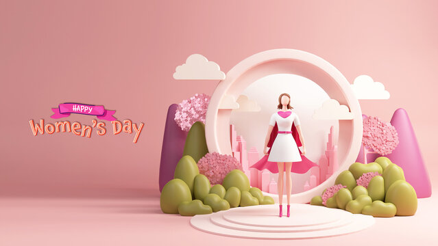 Happy Women's Day Concept With 3D Render, Superwoman Character Standing On Stage.