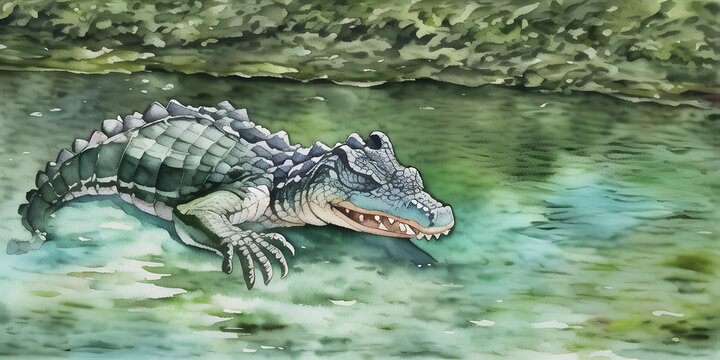 A beautiful painted watercolor aquarel of a Alligator character in its natural habitat