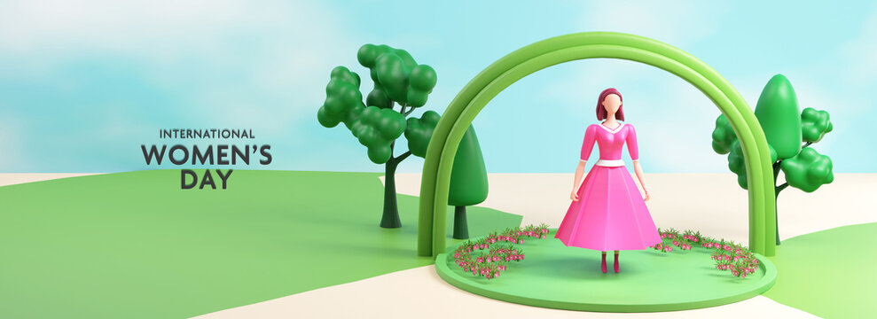 International Women's Day Concept With 3D Render, Fashionable Young Girl Character Standing On Stage And Nature Background.