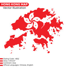 Hong Kong map vector, Inside Hong Kong flag vector illustration with Dialing Code: +852 Area: 1,114 km² Continent: Asia Official Languages: Chinese, English
