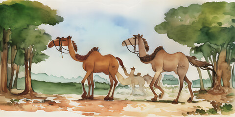 A beautiful painted watercolor aquarel of a Camel character in its natural habitat