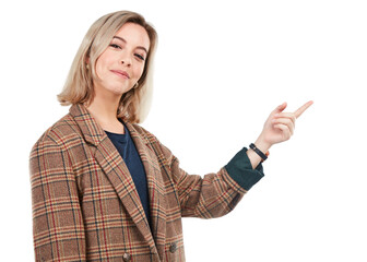 Portrait, brand and smiling woman pointing finger isolated against a studio white background. Happy, fashion and confident young female showing empty mock up space or direction to a promo