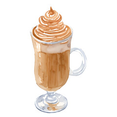 glass of latte digital drawing with watercolor style illustration