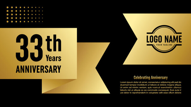 33th Anniversary template design concept with golden ribbon for birthday celebration event, invitation card, greeting card, banner, poster, flyer, book cover. Vector Template