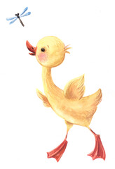 cute little duckling with a dragonfly